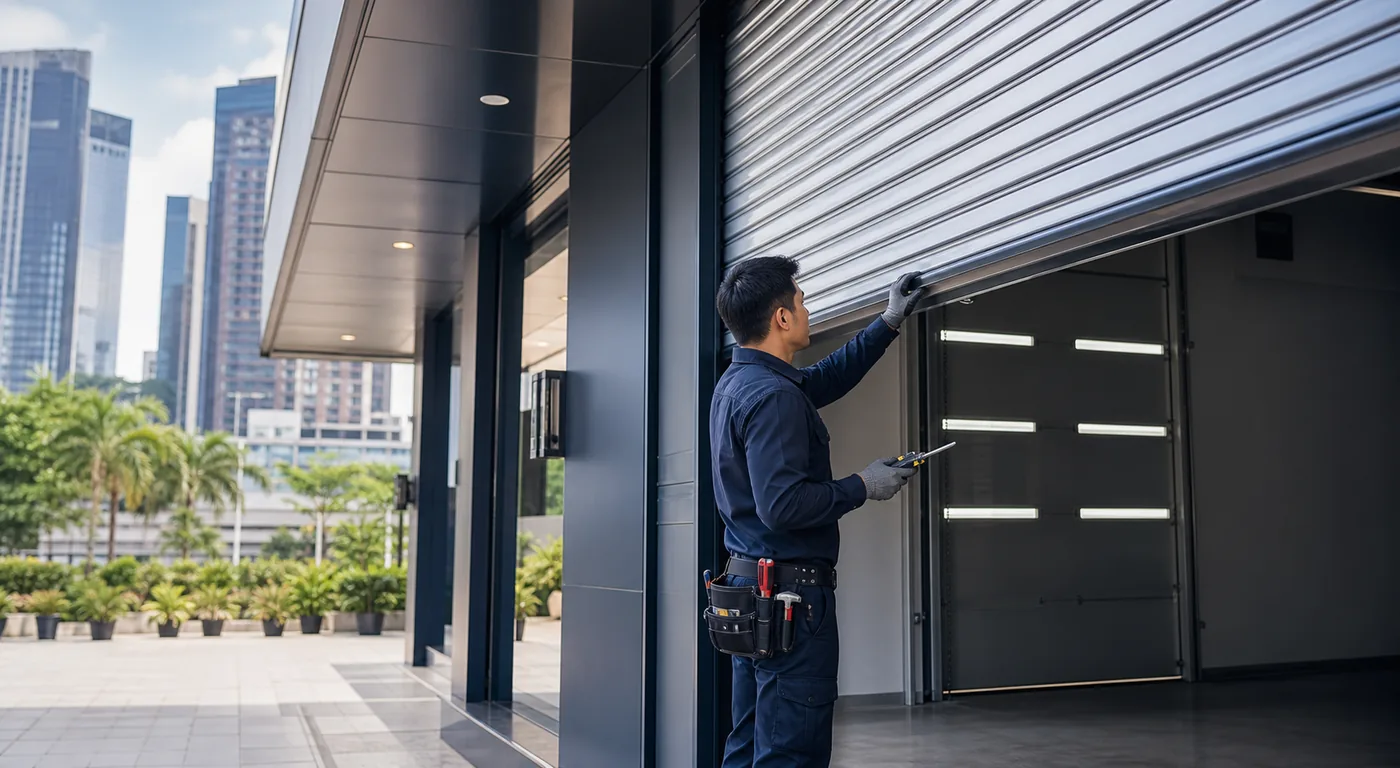 Roller shutter technician inspecting a commercial shutter in Singapore